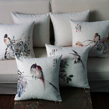 现代新中式创意复古红木沙发水墨画花鸟棉麻抱枕沙发靠垫套