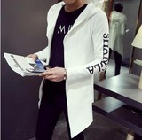 2016春秋季韩版男青年外套长袖纯色修身连帽风衣潮中长款上衣外套