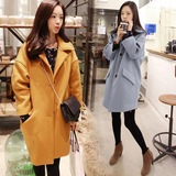 时尚韩版2015冬装新款女装中长款西装领宽松羊绒毛呢大衣休闲外套