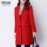 SLEAF2015冬季新款韩版修身纯色羊毛中长款大V领保暖呢大衣外套女