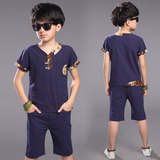 2016新款夏款儿童装男童短袖T恤套装亚麻两件套中大童休闲韩版潮