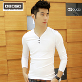 夏季新款韩版男式纯白色打底衫男士V领纯棉潮男体恤修身型长袖t恤