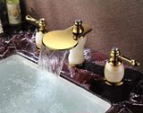 德国当代全铜金色银色瀑布三孔水龙头 冷热台盆面盆洗手盆三件套