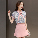 夏装新款韩版时尚套装花色棉麻蝴蝶结短袖半身鱼尾裙包臀裙两件套