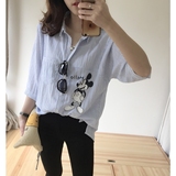 韩国时髦自留款宽松前短后长米奇口袋竖条纹显瘦衬衫女新款