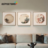 溥心畲新中式现代装饰画风格方形三联文化国画书房客厅沙发背景