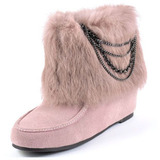 天美意 冬款雪地靴兔毛平底短靴粉色雪地鞋套筒真