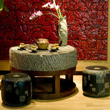 中式雕刻功夫茶桌招财进宝创意树脂仿石圆形实木茶几复古茶艺茶台