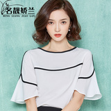 2016夏季新款女装一字领雪纺衫短袖韩版宽松大码荷叶边喇叭袖上衣