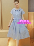 2016夏季韩版新款加大码女森女系条纹衬衣领短袖连衣裙长裙#8095