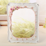 化妆梳妆镜桌面立台式韩式田园公主可爱粉色树脂浮雕花边镜子