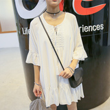 韩国Ulzzang夏装新品清新显瘦系带白色花边中长款娃娃裙连衣裙 女