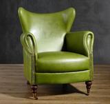 美式单人真皮沙发老虎椅软包高背休闲椅简欧双人绿色皮艺家具定制