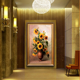 欧式手绘油画客厅餐厅玄关走廊过道竖版装饰画花卉向日葵单幅挂画