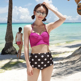 2015夏韩国代购圆点保守分体带钢托厚胸垫高腰比基尼泳衣女玫红色