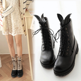 2015秋冬韩版马丁靴中筒靴子女甜美可爱耳朵女靴系带圆头骑士马靴