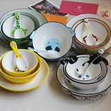 包邮创意手绘日式可爱浮雕卡通餐具动物陶瓷碗盘儿童米饭碗盘套装