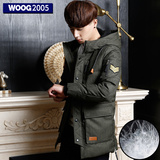WOOG2005男士加厚保暖羽绒服2015冬季韩版中长款军绿色连帽外套男