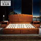 奥克林仿古中式全实木床双人床1.8米金丝胡桃木带抽屉高箱储物床