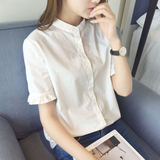 新款日系木耳边白衬衫女短袖夏季韩范学生立领白色休闲衬衣学院风