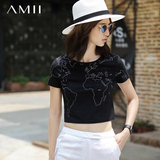 Amii2016夏装女露脐上衣性感百搭修身圆领地图印花短款T恤女短袖