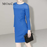 MO&Co.长袖中腰套头连衣裙拼接圆领显瘦连身短裙MA144SKT34moco