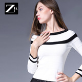 ZK女装2016春装新款黑白撞色拼接时尚简约修身显瘦套头毛衣女款潮