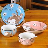 昱凯 陶瓷器餐具家用套装碗盘勺儿童可爱动物创意韩式卡通个性2人