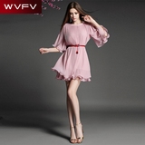 WVFV2016夏季新款女装简约喇叭袖系带短裙名媛气质公主粉色连衣裙