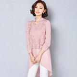 2016春装女装蕾丝衫新款韩版中长款大码宽松V领长袖鱼尾雪纺衫