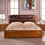 全实木床榆木床真皮床1.8米双人床高箱储物床中式床中高档实木床