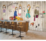 3D木纹砖墙卡通个性女孩无缝大型壁画服装店咖啡餐厅ktv墙纸壁纸
