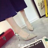 美丽角色MJSE女鞋正品2016秋季新款磨砂拼接镜面细高跟尖头单鞋