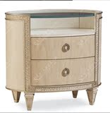 法式新古典圆形实木床头柜 美式创意白色玻璃面边几卧室储物柜
