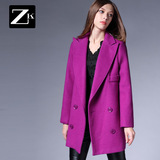 ZK女装2016冬装新品修身显瘦双排扣西装领紫色毛呢外套女呢子大衣