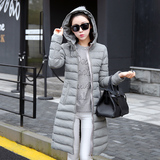 2015韩版新款女装过膝中长款棉衣时尚修身显瘦连帽轻薄羽绒棉外套