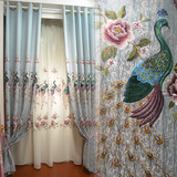 新中式古典高档遮光窗帘布纱棉麻孔雀刺绣花客厅卧室成品定制蓝色