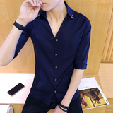 夏季潮男纯色修身5分短袖衬衫时尚休闲衬衣七分袖青年发型师英伦