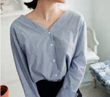 韩国直邮Cherrykoko官网正品代购条纹单排扣V领衬衫