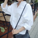 2016春季新款韩版气质白色纯棉宽松后单排扣衬衫女 半开领V领
