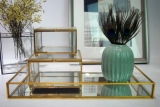 金色玻璃首饰盒托盘饰品展示复古装饰方形透明桌面收纳盘子包邮