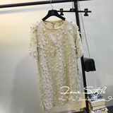 韩国top style夏装新款中袖立体花纹蕾丝拼接雪纺中长款连衣裙女