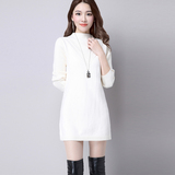 秋冬季白色中领针织衫韩国外穿毛衣女套头中长款加厚打底毛衣裙潮
