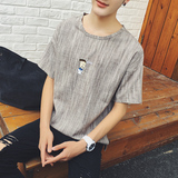夏季新款男士短袖T恤韩版潮流男士小人刺绣亚麻圆领T恤半袖打底衫