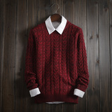 搭配衬衫效果冬季男士纯色红色毛衣男圆领情侣修身韩版加厚针织衫