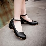 韩国浅口单鞋粗跟中跟女鞋一字扣带甜美休闲黑色工作鞋白色小皮鞋