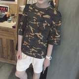 2016夏装新款韩版修身迷彩短袖T恤男士圆领七分袖半截袖体恤衫潮
