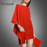 vloyal夏装新款连衣裙2016欧洲站大红色修身气质时尚礼服裙