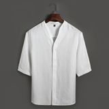 夏季新款亚麻白色衬衫男士五分袖棉麻宽松衬衣居家中国风休闲纯色