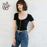 Haoduoyi2016夏装新款 个性拉链体恤上衣 纯色修身短款T恤女短袖